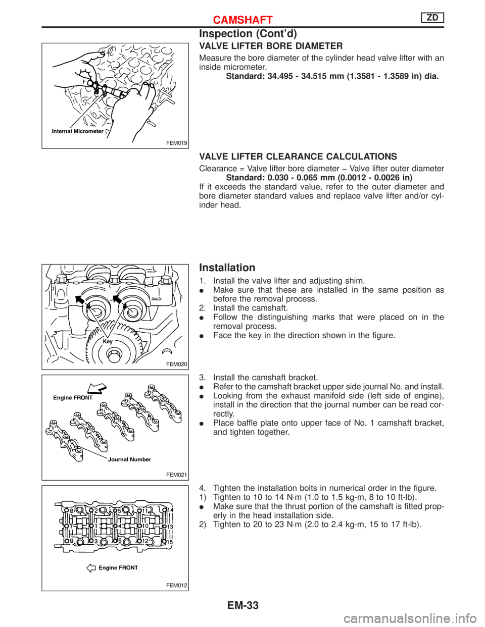 NISSAN TERRANO 2002 Service Repair Manual VALVE LIFTER BORE DIAMETER
Measure the bore diameter of the cylinder head valve lifter with an
inside micrometer.
Standard: 34.495 - 34.515 mm (1.3581 - 1.3589 in) dia.
VALVE LIFTER CLEARANCE CALCULAT NISSAN TERRANO 2002 Service Repair Manual VALVE LIFTER BORE DIAMETER
Measure the bore diameter of the cylinder head valve lifter with an
inside micrometer.
Standard: 34.495 - 34.515 mm (1.3581 - 1.3589 in) dia.
VALVE LIFTER CLEARANCE CALCULAT