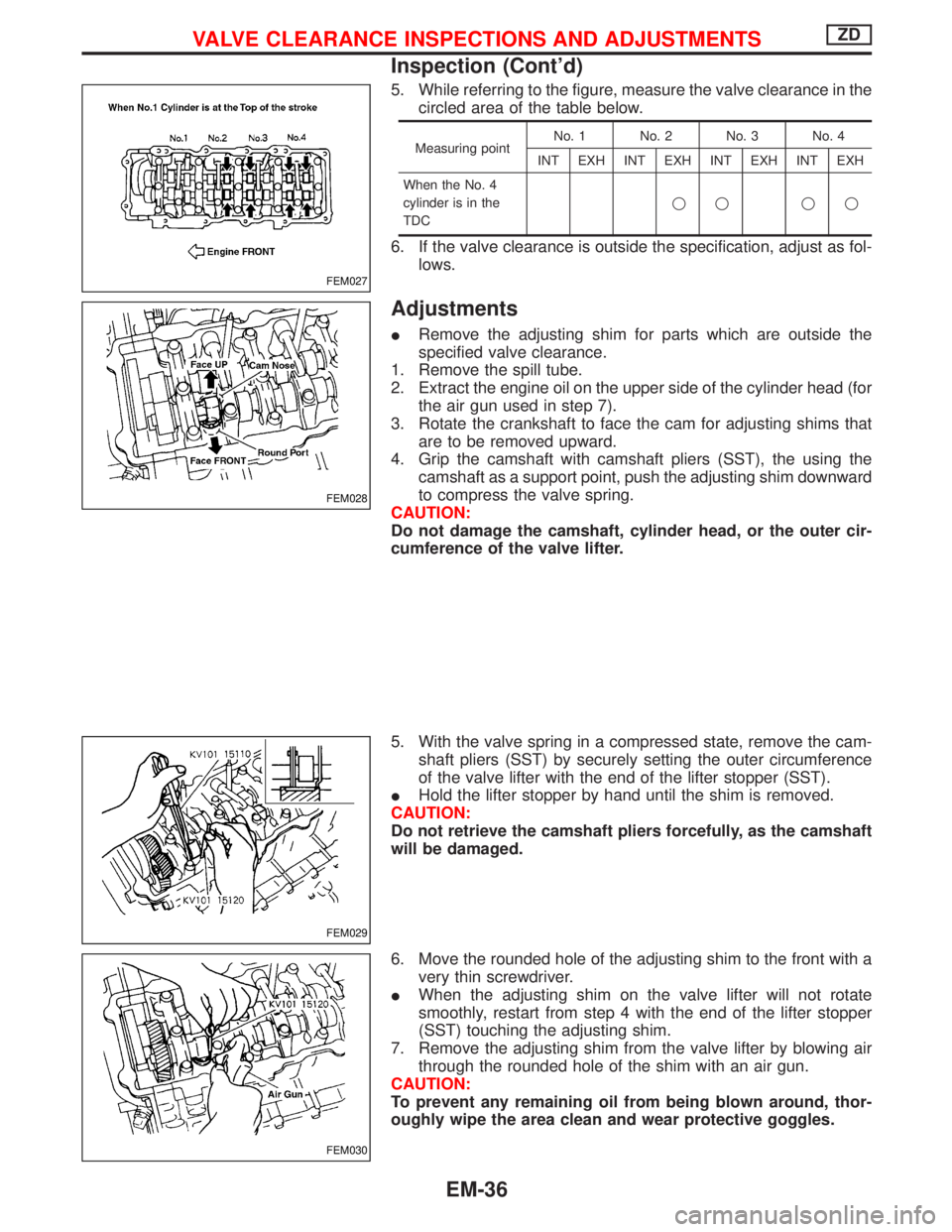 NISSAN TERRANO 2002 Service Repair Manual 5. While referring to the figure, measure the valve clearance in the
circled area of the table below.
Measuring pointNo. 1 No. 2 No. 3 No. 4
INT EXH INT EXH INT EXH INT EXH
When the No. 4
cylinder is NISSAN TERRANO 2002 Service Repair Manual 5. While referring to the figure, measure the valve clearance in the
circled area of the table below.
Measuring pointNo. 1 No. 2 No. 3 No. 4
INT EXH INT EXH INT EXH INT EXH
When the No. 4
cylinder is