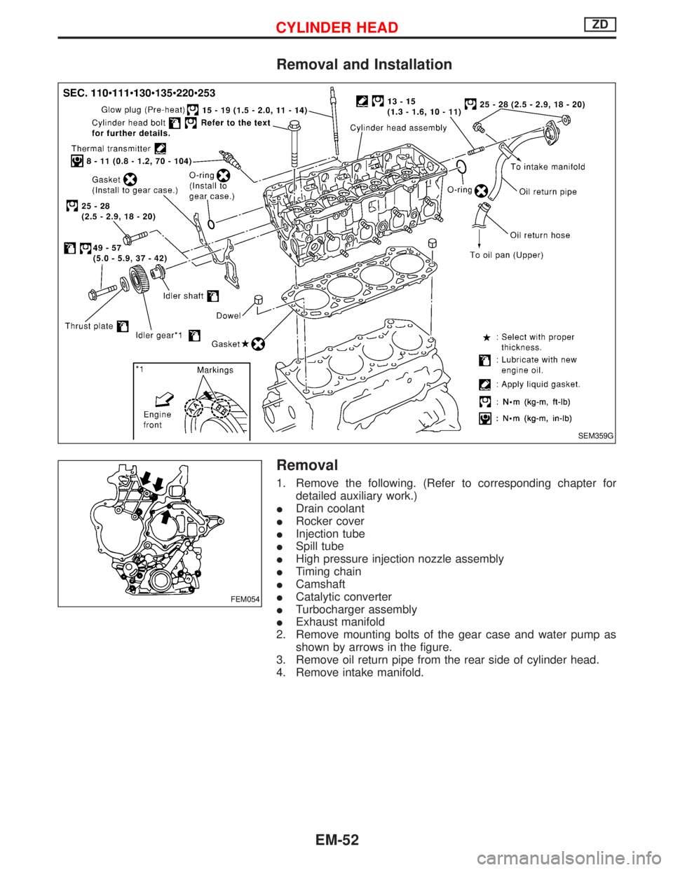 NISSAN TERRANO 2002  Service Repair Manual Removal and Installation
Removal
1. Remove the following. (Refer to corresponding chapter for
detailed auxiliary work.)
IDrain coolant
IRocker cover
IInjection tube
ISpill tube
IHigh pressure injectio