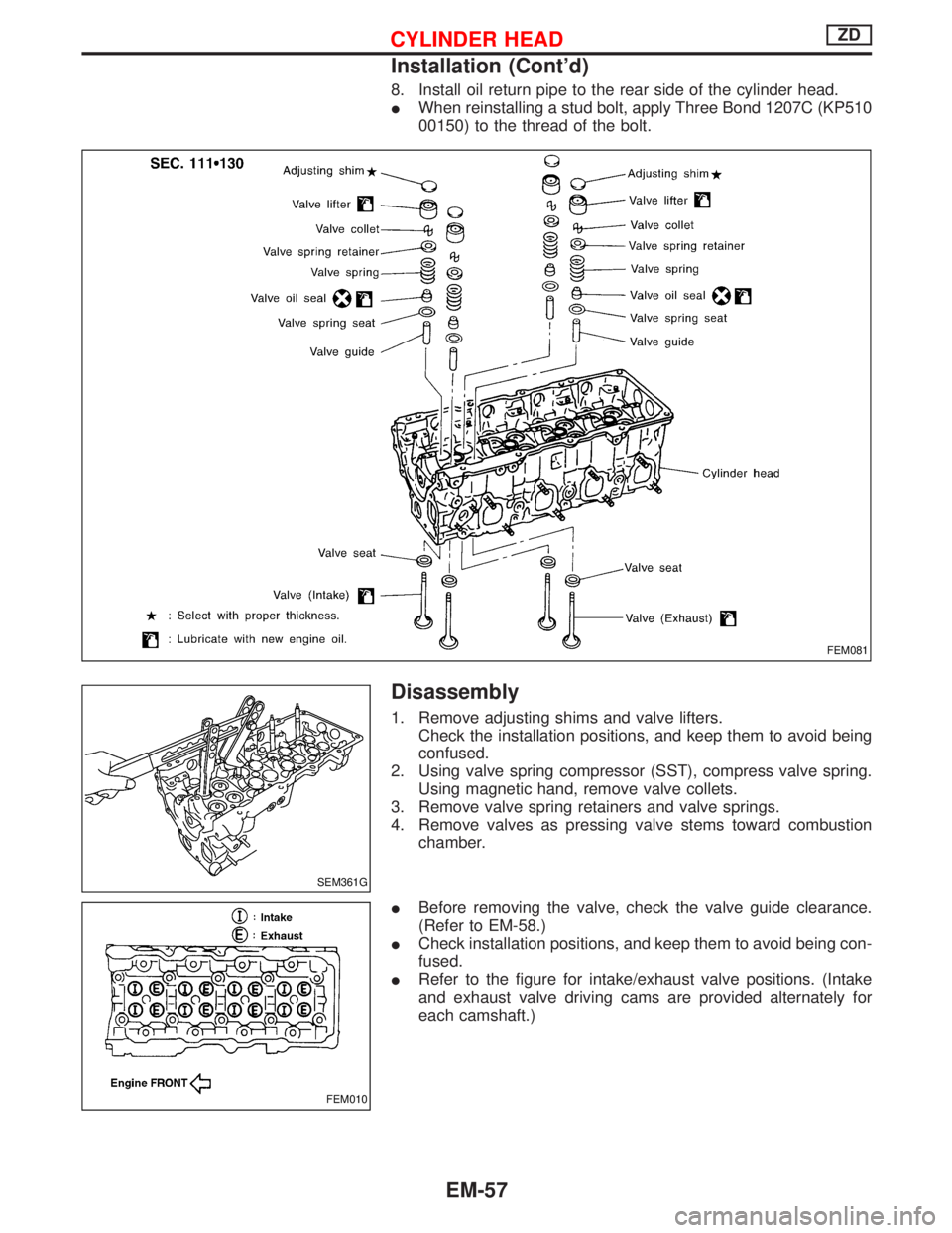 NISSAN TERRANO 2002  Service Repair Manual 8. Install oil return pipe to the rear side of the cylinder head.
IWhen reinstalling a stud bolt, apply Three Bond 1207C (KP510
00150) to the thread of the bolt.
Disassembly
1. Remove adjusting shims 