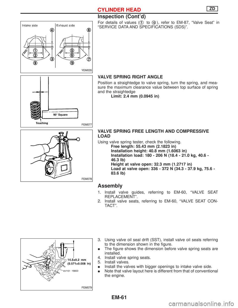 NISSAN TERRANO 2002 Service Repair Manual For details of values (q1toq10), refer to EM-87, ªValve Seatº in
ªSERVICE DATA AND SPECIFICATIONS (SDS)º.
VALVE SPRING RIGHT ANGLE
Position a straightedge to valve spring, turn the spring, and mea NISSAN TERRANO 2002 Service Repair Manual For details of values (q1toq10), refer to EM-87, ªValve Seatº in
ªSERVICE DATA AND SPECIFICATIONS (SDS)º.
VALVE SPRING RIGHT ANGLE
Position a straightedge to valve spring, turn the spring, and mea