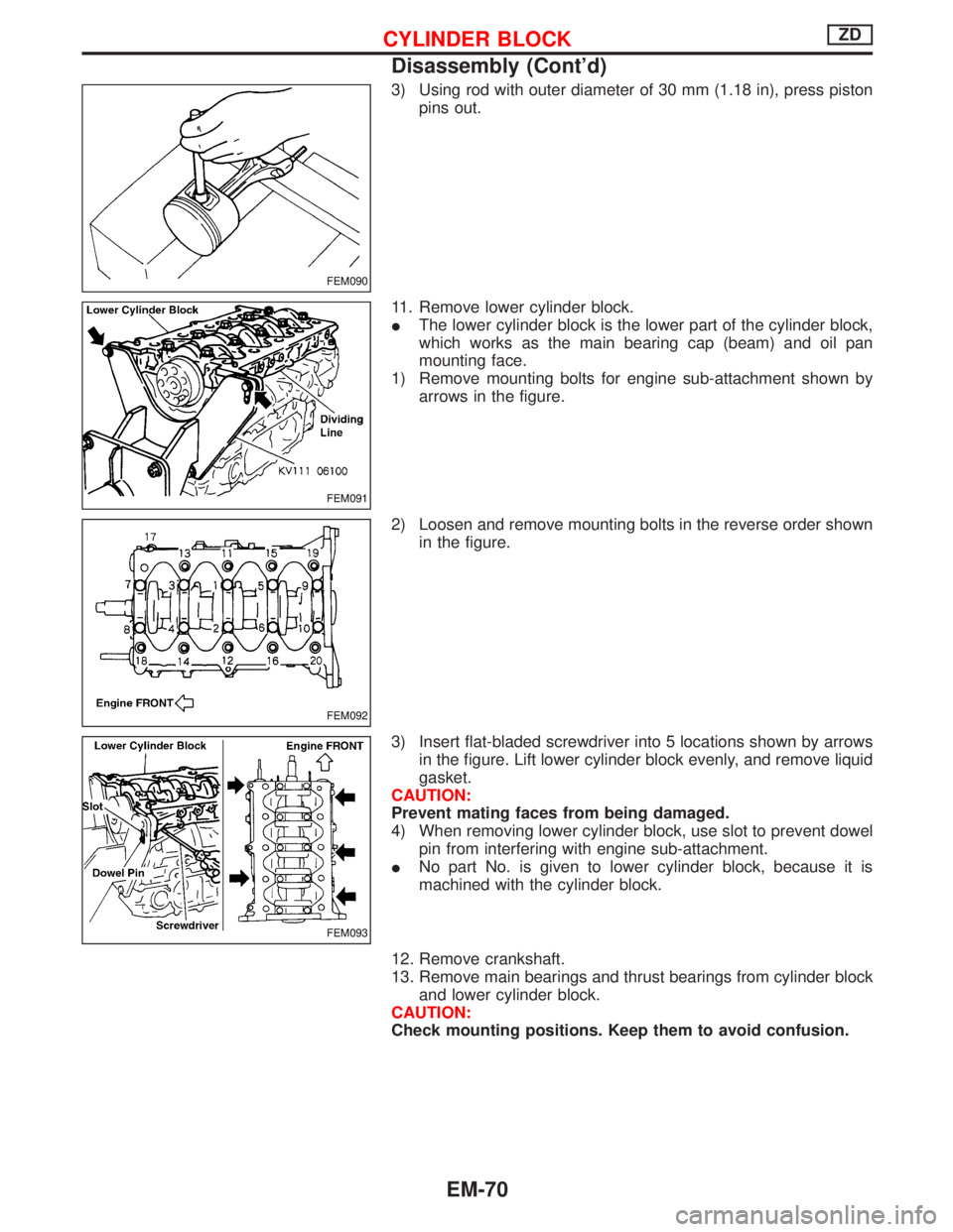 NISSAN TERRANO 2002 Service Repair Manual 3) Using rod with outer diameter of 30 mm (1.18 in), press piston
pins out.
11. Remove lower cylinder block.
IThe lower cylinder block is the lower part of the cylinder block,
which works as the main NISSAN TERRANO 2002 Service Repair Manual 3) Using rod with outer diameter of 30 mm (1.18 in), press piston
pins out.
11. Remove lower cylinder block.
IThe lower cylinder block is the lower part of the cylinder block,
which works as the main