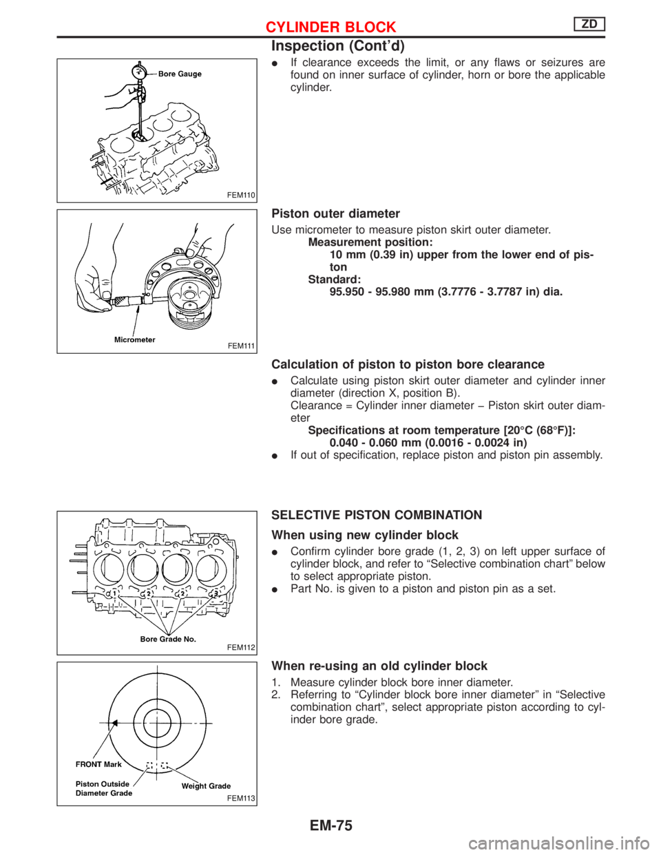 NISSAN TERRANO 2002 Service Repair Manual IIf clearance exceeds the limit, or any flaws or seizures are
found on inner surface of cylinder, horn or bore the applicable
cylinder.
Piston outer diameter
Use micrometer to measure piston skirt out NISSAN TERRANO 2002 Service Repair Manual IIf clearance exceeds the limit, or any flaws or seizures are
found on inner surface of cylinder, horn or bore the applicable
cylinder.
Piston outer diameter
Use micrometer to measure piston skirt out