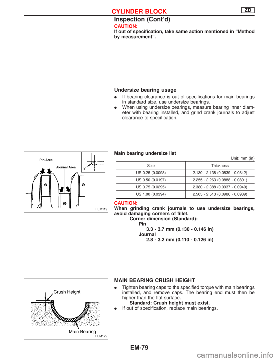 NISSAN TERRANO 2002 Service Repair Manual CAUTION:
If out of specification, take same action mentioned in ªMethod
by measurementº.
Undersize bearing usage
IIf bearing clearance is out of specifications for main bearings
in standard size, us NISSAN TERRANO 2002 Service Repair Manual CAUTION:
If out of specification, take same action mentioned in ªMethod
by measurementº.
Undersize bearing usage
IIf bearing clearance is out of specifications for main bearings
in standard size, us