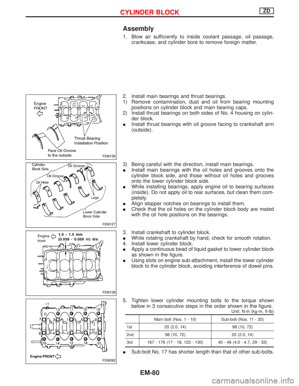 NISSAN TERRANO 2002 Service Repair Manual Assembly
1. Blow air sufficiently to inside coolant passage, oil passage,
crankcase, and cylinder bore to remove foreign matter.
2. Install main bearings and thrust bearings.
1) Remove contamination, NISSAN TERRANO 2002 Service Repair Manual Assembly
1. Blow air sufficiently to inside coolant passage, oil passage,
crankcase, and cylinder bore to remove foreign matter.
2. Install main bearings and thrust bearings.
1) Remove contamination,