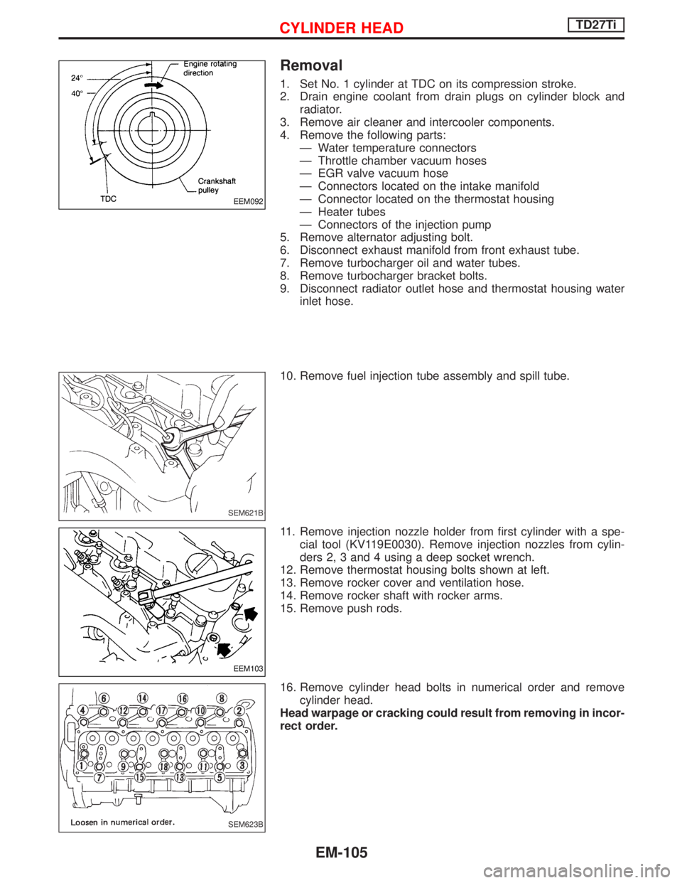 NISSAN TERRANO 2002 Service Repair Manual Removal
1. Set No. 1 cylinder at TDC on its compression stroke.
2. Drain engine coolant from drain plugs on cylinder block and
radiator.
3. Remove air cleaner and intercooler components.
4. Remove the NISSAN TERRANO 2002 Service Repair Manual Removal
1. Set No. 1 cylinder at TDC on its compression stroke.
2. Drain engine coolant from drain plugs on cylinder block and
radiator.
3. Remove air cleaner and intercooler components.
4. Remove the