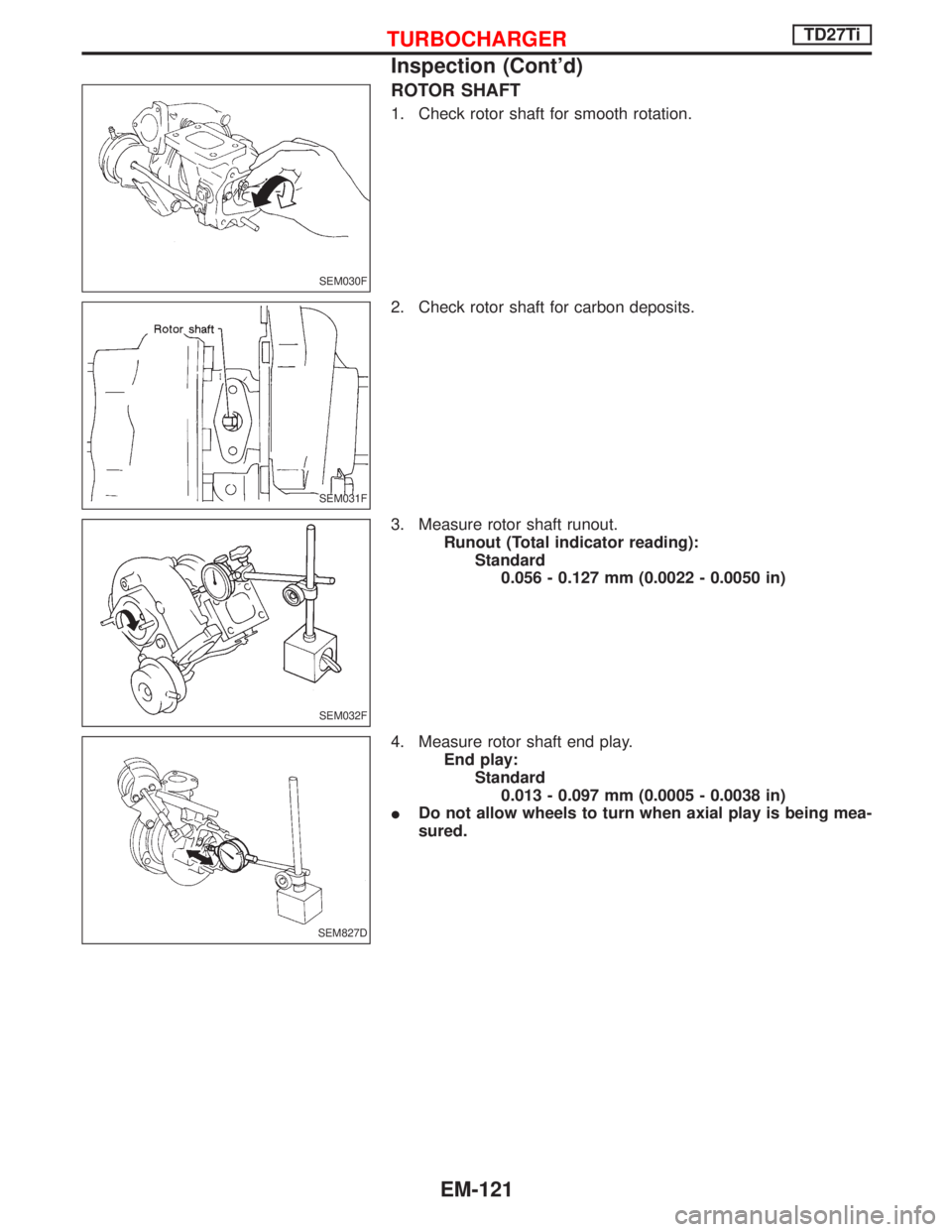 NISSAN TERRANO 2002  Service Repair Manual ROTOR SHAFT
1. Check rotor shaft for smooth rotation.
2. Check rotor shaft for carbon deposits.
3. Measure rotor shaft runout.
Runout (Total indicator reading):
Standard
0.056 - 0.127 mm (0.0022 - 0.0