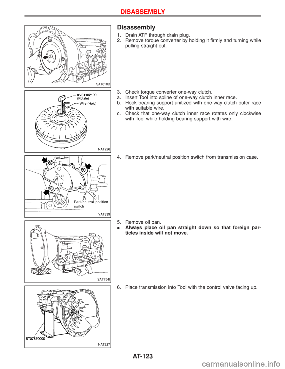 NISSAN TERRANO 2002  Service Repair Manual Disassembly
1. Drain ATF through drain plug.
2. Remove torque converter by holding it firmly and turning while
pulling straight out.
3. Check torque converter one-way clutch.
a. Insert Tool into splin