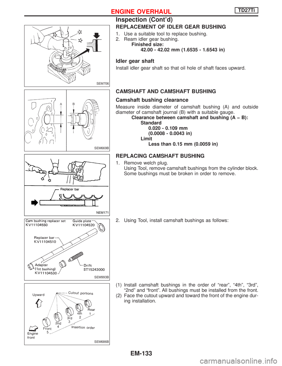 NISSAN TERRANO 2002 Service Repair Manual REPLACEMENT OF IDLER GEAR BUSHING
1. Use a suitable tool to replace bushing.
2. Ream idler gear bushing.
Finished size:
42.00 - 42.02 mm (1.6535 - 1.6543 in)
Idler gear shaft
Install idler gear shaft NISSAN TERRANO 2002 Service Repair Manual REPLACEMENT OF IDLER GEAR BUSHING
1. Use a suitable tool to replace bushing.
2. Ream idler gear bushing.
Finished size:
42.00 - 42.02 mm (1.6535 - 1.6543 in)
Idler gear shaft
Install idler gear shaft