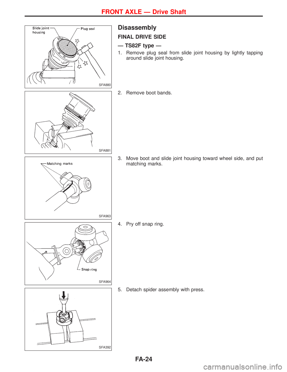 NISSAN TERRANO 2002  Service Repair Manual Disassembly
FINAL DRIVE SIDE
Ð TS82F type Ð
1. Remove plug seal from slide joint housing by lightly tapping
around slide joint housing.
2. Remove boot bands.
3. Move boot and slide joint housing tow
