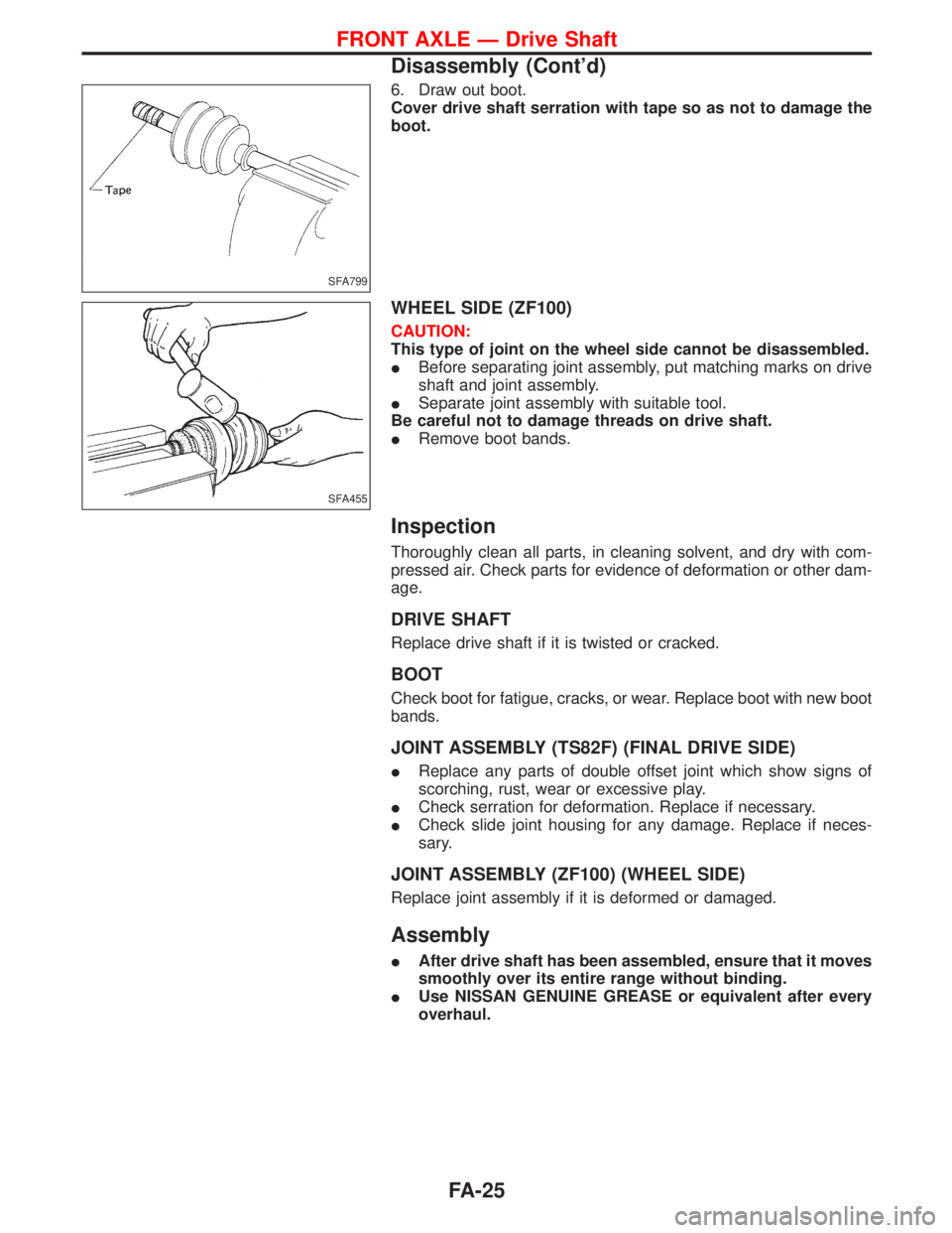 NISSAN TERRANO 2002 Service Repair Manual 6. Draw out boot.
Cover drive shaft serration with tape so as not to damage the
boot.
WHEEL SIDE (ZF100)
CAUTION:
This type of joint on the wheel side cannot be disassembled.
IBefore separating joint NISSAN TERRANO 2002 Service Repair Manual 6. Draw out boot.
Cover drive shaft serration with tape so as not to damage the
boot.
WHEEL SIDE (ZF100)
CAUTION:
This type of joint on the wheel side cannot be disassembled.
IBefore separating joint