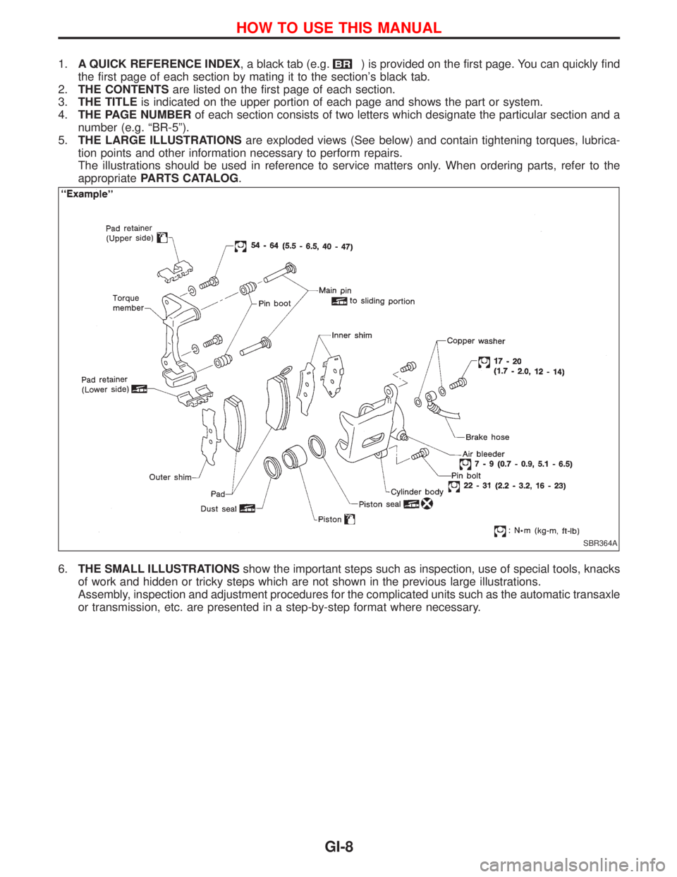 NISSAN TERRANO 2002 Service Repair Manual 1.A QUICK REFERENCE INDEX, a black tab (e.g.) is provided on the first page. You can quickly find
the first page of each section by mating it to the sections black tab.
2.THE CONTENTSare listed on th NISSAN TERRANO 2002 Service Repair Manual 1.A QUICK REFERENCE INDEX, a black tab (e.g.) is provided on the first page. You can quickly find
the first page of each section by mating it to the sections black tab.
2.THE CONTENTSare listed on th