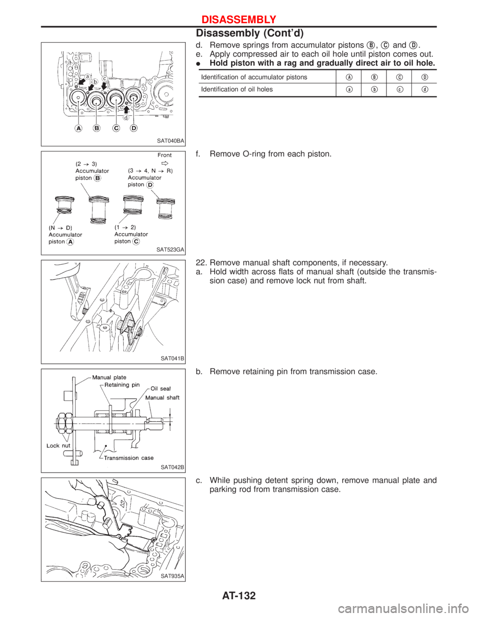 NISSAN TERRANO 2002  Service Repair Manual d. Remove springs from accumulator pistonsqB,qCandqD.
e. Apply compressed air to each oil hole until piston comes out.
IHold piston with a rag and gradually direct air to oil hole.
Identification of a