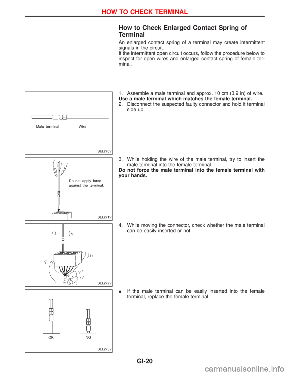 NISSAN TERRANO 2002  Service Repair Manual How to Check Enlarged Contact Spring of
Terminal
An enlarged contact spring of a terminal may create intermittent
signals in the circuit.
If the intermittent open circuit occurs, follow the procedure 