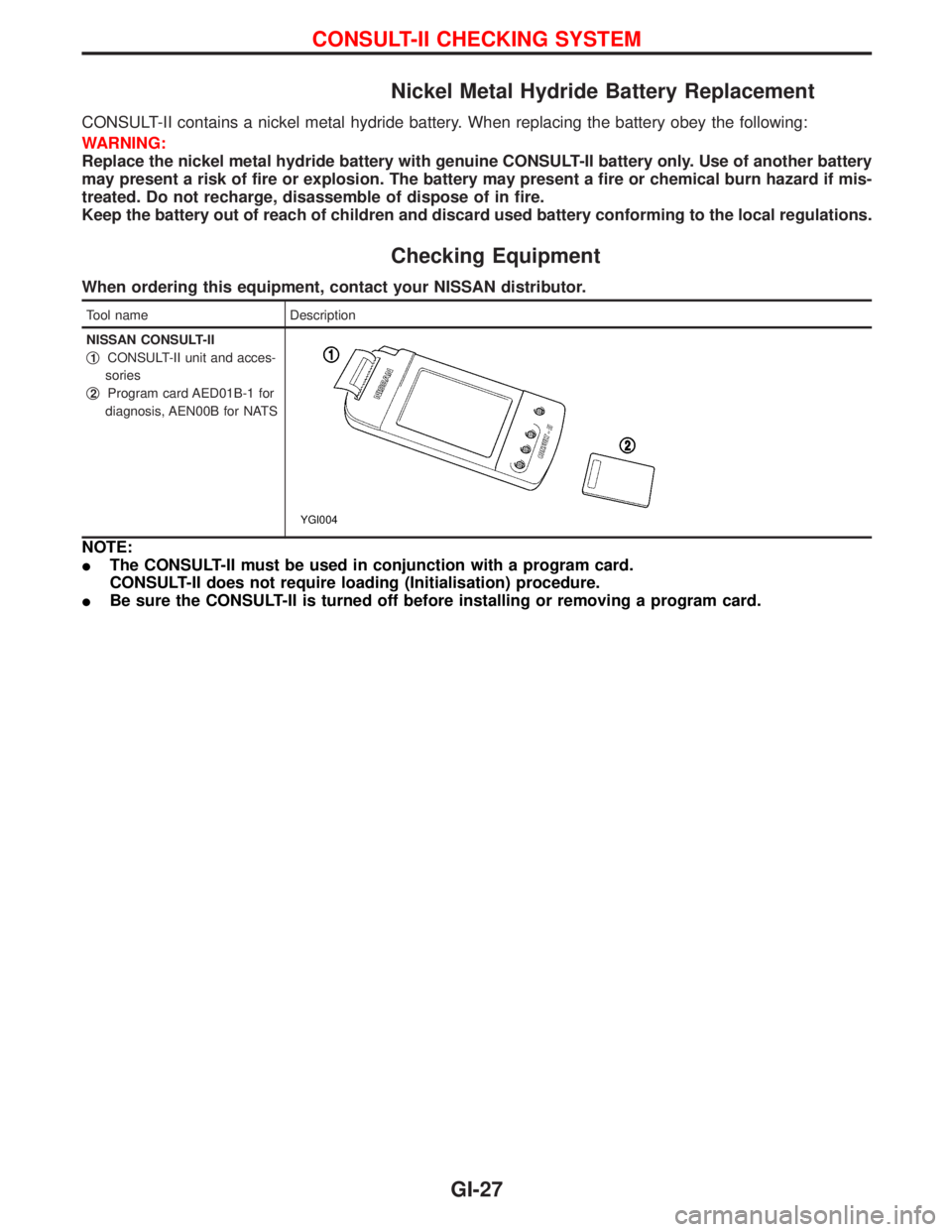 NISSAN TERRANO 2002 Service Repair Manual Nickel Metal Hydride Battery Replacement
CONSULT-II contains a nickel metal hydride battery. When replacing the battery obey the following:
WARNING:
Replace the nickel metal hydride battery with genui NISSAN TERRANO 2002 Service Repair Manual Nickel Metal Hydride Battery Replacement
CONSULT-II contains a nickel metal hydride battery. When replacing the battery obey the following:
WARNING:
Replace the nickel metal hydride battery with genui
