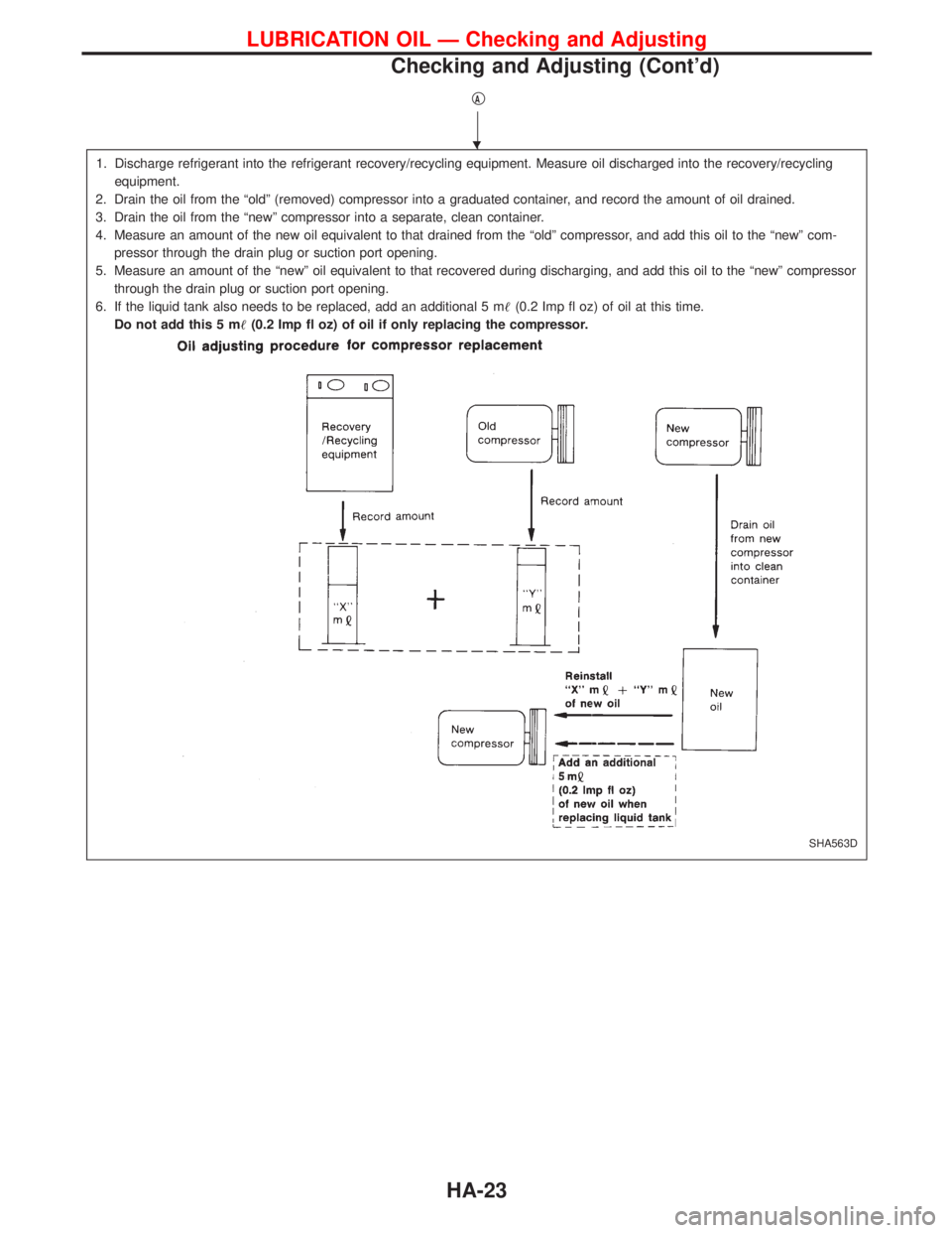 NISSAN TERRANO 2002  Service Repair Manual qA
1. Discharge refrigerant into the refrigerant recovery/recycling equipment. Measure oil discharged into the recovery/recycling
equipment.
2. Drain the oil from the ªoldº (removed) compressor into