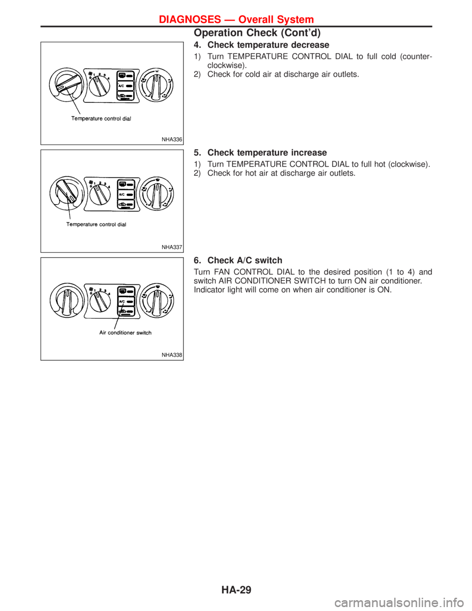 NISSAN TERRANO 2002  Service Repair Manual 4. Check temperature decrease
1) Turn TEMPERATURE CONTROL DIAL to full cold (counter-
clockwise).
2) Check for cold air at discharge air outlets.
5. Check temperature increase
1) Turn TEMPERATURE CONT