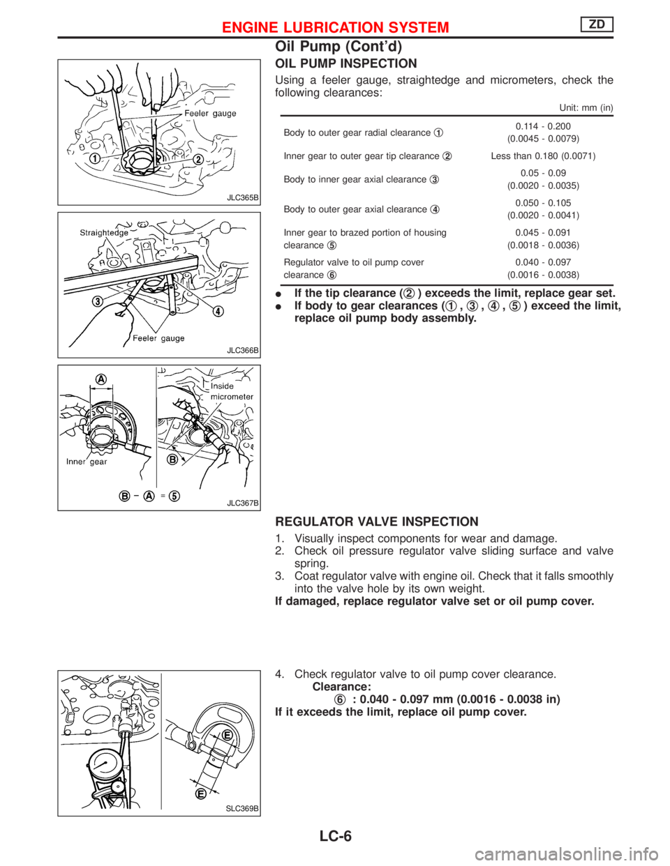 NISSAN TERRANO 2002 Service Repair Manual OIL PUMP INSPECTION
Using a feeler gauge, straightedge and micrometers, check the
following clearances:
Unit: mm (in)
Body to outer gear radial clearanceq10.114 - 0.200
(0.0045 - 0.0079)
Inner gear to NISSAN TERRANO 2002 Service Repair Manual OIL PUMP INSPECTION
Using a feeler gauge, straightedge and micrometers, check the
following clearances:
Unit: mm (in)
Body to outer gear radial clearanceq10.114 - 0.200
(0.0045 - 0.0079)
Inner gear to