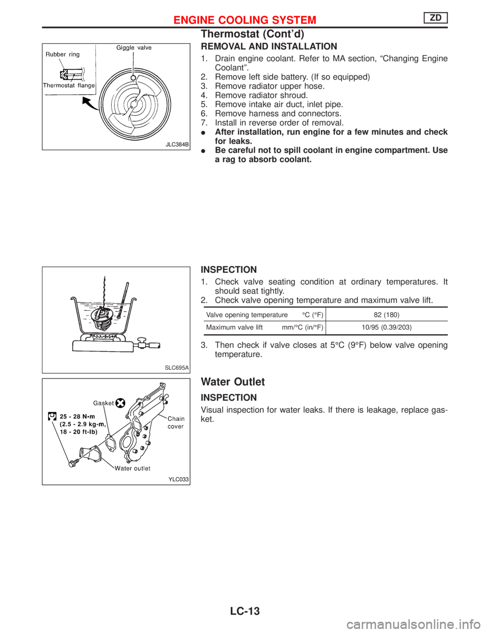 NISSAN TERRANO 2002  Service Repair Manual REMOVAL AND INSTALLATION
1. Drain engine coolant. Refer to MA section, ªChanging Engine
Coolantº.
2. Remove left side battery. (If so equipped)
3. Remove radiator upper hose.
4. Remove radiator shro