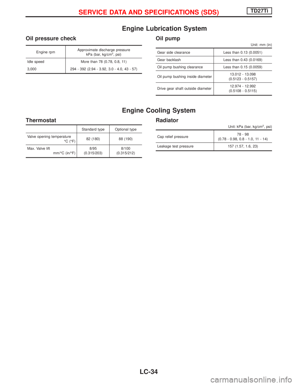 NISSAN TERRANO 2002  Service Repair Manual Engine Lubrication System
Oil pressure check
Engine rpmApproximate discharge pressure
kPa (bar, kg/cm2, psi)
Idle speed More than 78 (0.78, 0.8, 11)
3,000 294 - 392 (2.94 - 3.92, 3.0 - 4.0, 43 - 57)
O