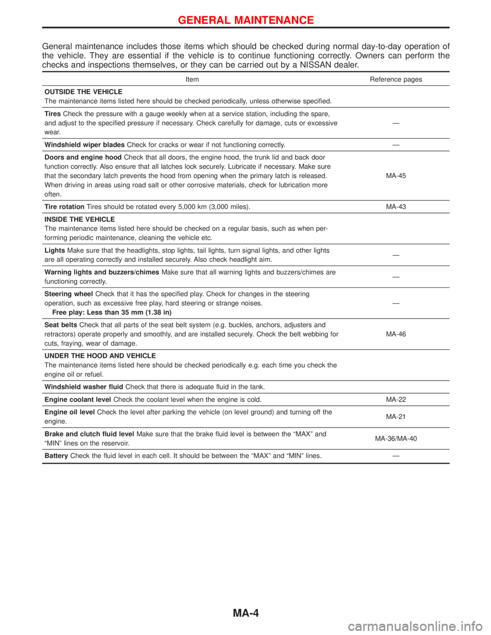 NISSAN TERRANO 2002 Service Repair Manual General maintenance includes those items which should be checked during normal day-to-day operation of
the vehicle. They are essential if the vehicle is to continue functioning correctly. Owners can p NISSAN TERRANO 2002 Service Repair Manual General maintenance includes those items which should be checked during normal day-to-day operation of
the vehicle. They are essential if the vehicle is to continue functioning correctly. Owners can p