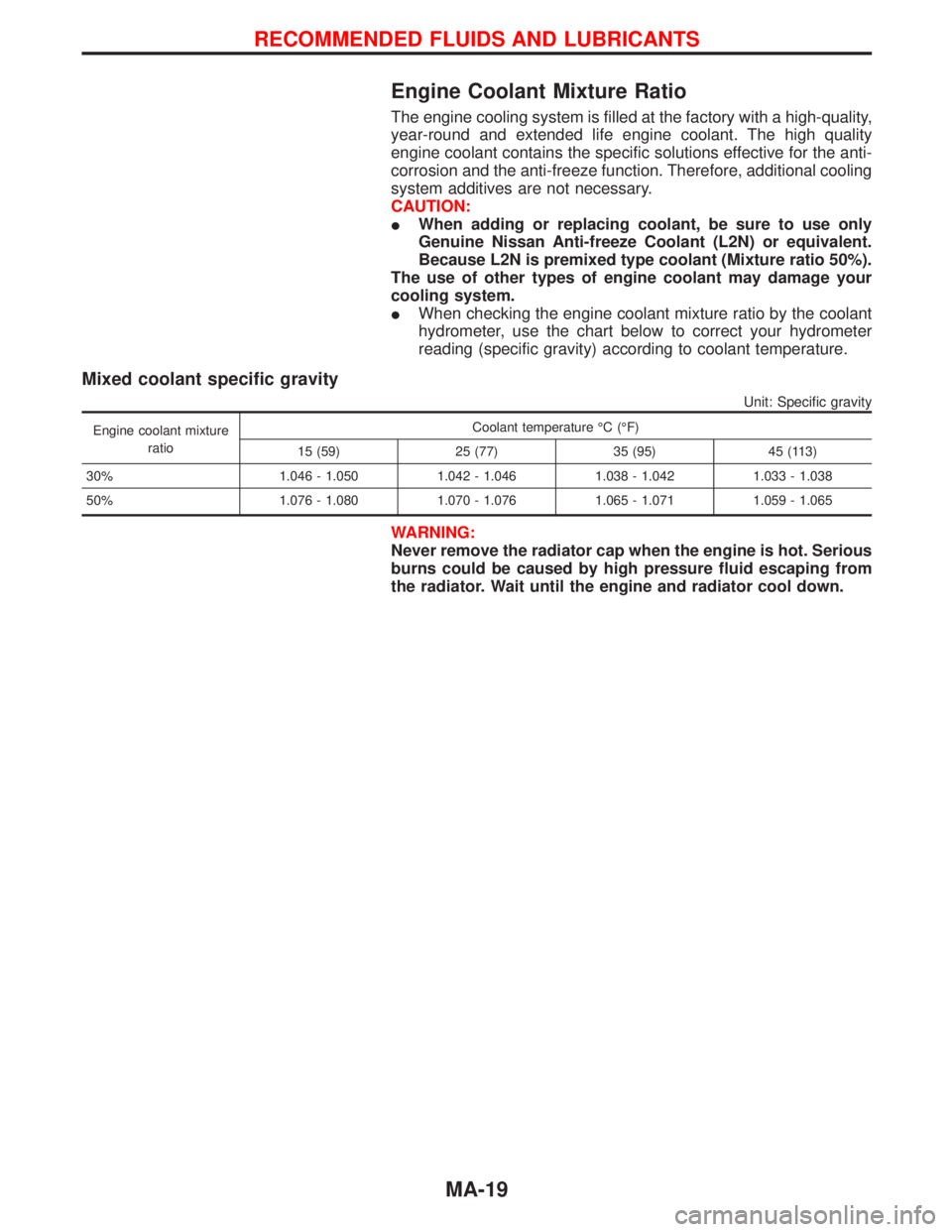 NISSAN TERRANO 2002 Service Repair Manual Engine Coolant Mixture Ratio
The engine cooling system is filled at the factory with a high-quality,
year-round and extended life engine coolant. The high quality
engine coolant contains the specific NISSAN TERRANO 2002 Service Repair Manual Engine Coolant Mixture Ratio
The engine cooling system is filled at the factory with a high-quality,
year-round and extended life engine coolant. The high quality
engine coolant contains the specific