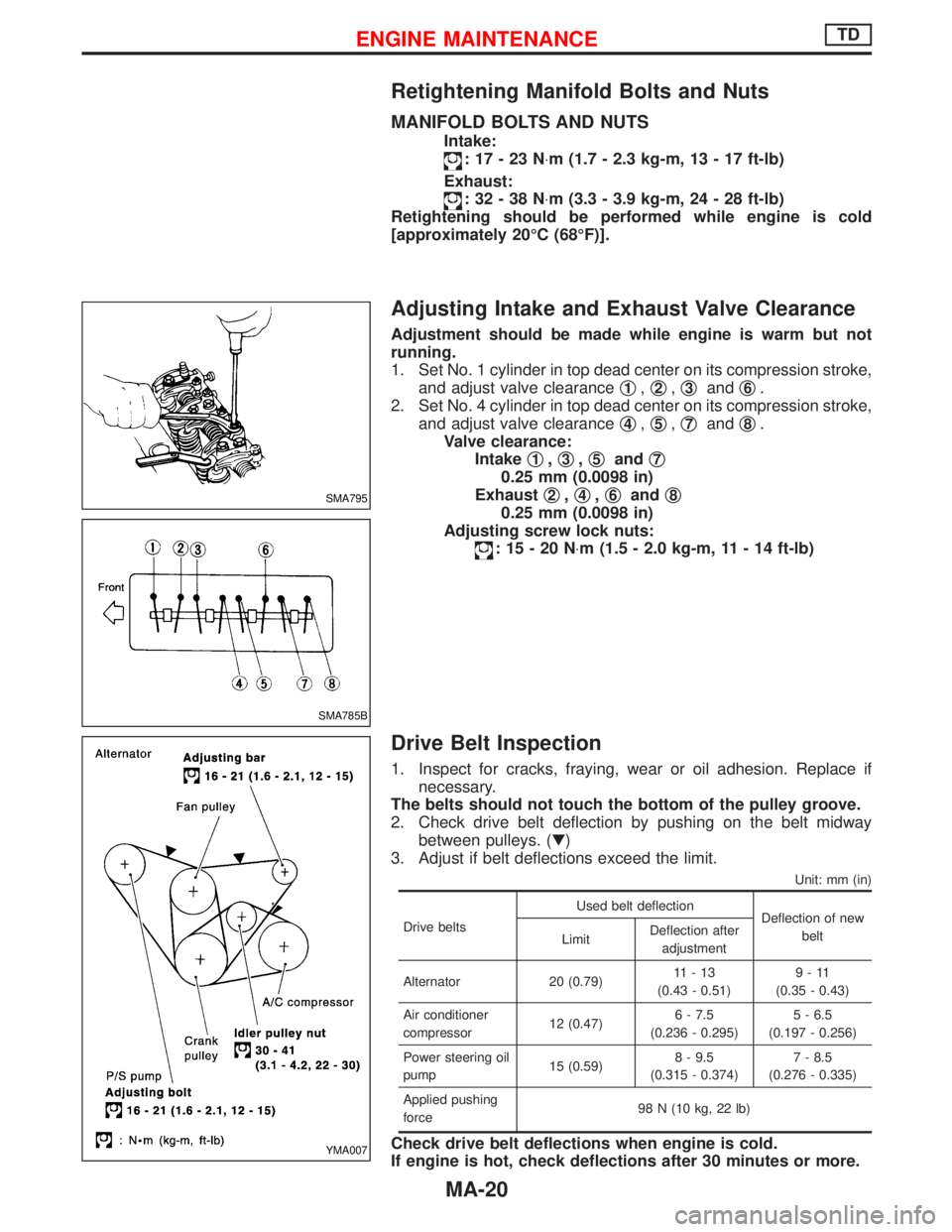 NISSAN TERRANO 2002 Service Repair Manual Retightening Manifold Bolts and Nuts
MANIFOLD BOLTS AND NUTS
Intake:
:17-23N×m (1.7 - 2.3 kg-m, 13 - 17 ft-lb)
Exhaust:
:32-38N×m (3.3 - 3.9 kg-m, 24 - 28 ft-lb)
Retightening should be performed whi NISSAN TERRANO 2002 Service Repair Manual Retightening Manifold Bolts and Nuts
MANIFOLD BOLTS AND NUTS
Intake:
:17-23N×m (1.7 - 2.3 kg-m, 13 - 17 ft-lb)
Exhaust:
:32-38N×m (3.3 - 3.9 kg-m, 24 - 28 ft-lb)
Retightening should be performed whi