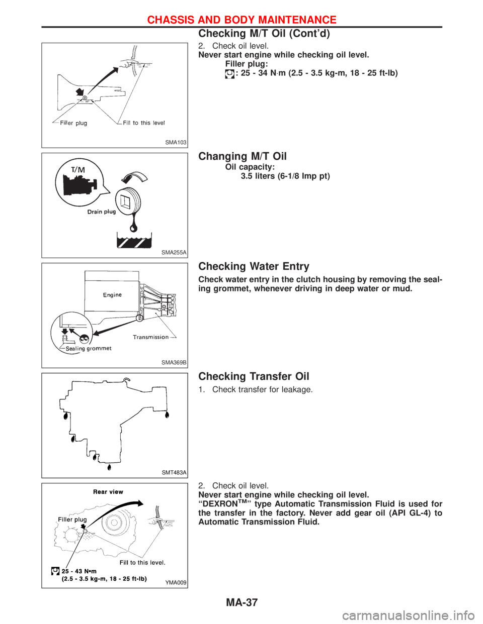 NISSAN TERRANO 2002  Service Repair Manual 2. Check oil level.
Never start engine while checking oil level.
Filler plug:
:25-34N×m (2.5 - 3.5 kg-m, 18 - 25 ft-lb)
Changing M/T Oil
Oil capacity:
3.5 liters (6-1/8 Imp pt)
Checking Water Entry
C