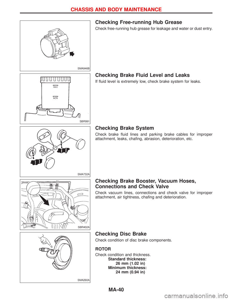 NISSAN TERRANO 2002  Service Repair Manual Checking Free-running Hub Grease
Check free-running hub grease for leakage and water or dust entry.
Checking Brake Fluid Level and Leaks
If fluid level is extremely low, check brake system for leaks.
