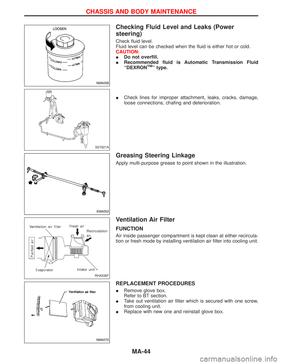 NISSAN TERRANO 2002  Service Repair Manual Checking Fluid Level and Leaks (Power
steering)
Check fluid level.
Fluid level can be checked when the fluid is either hot or cold.
CAUTION:
IDo not overfill.
IRecommended fluid is Automatic Transmiss