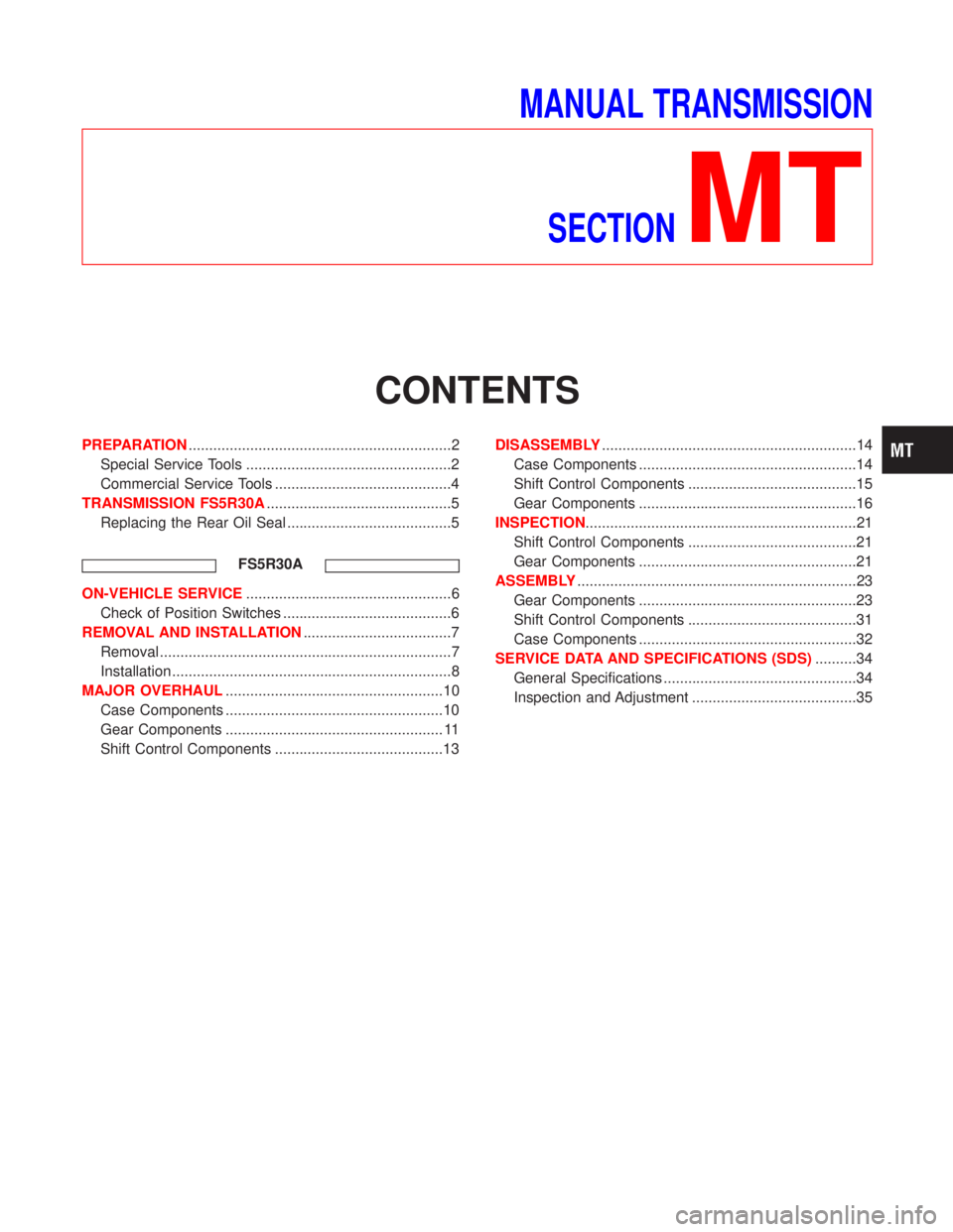 NISSAN TERRANO 2002 Service Repair Manual MANUAL TRANSMISSION
SECTION
MT
CONTENTS
PREPARATION................................................................2
Special Service Tools ..................................................2
Commercia NISSAN TERRANO 2002 Service Repair Manual MANUAL TRANSMISSION
SECTION
MT
CONTENTS
PREPARATION................................................................2
Special Service Tools ..................................................2
Commercia