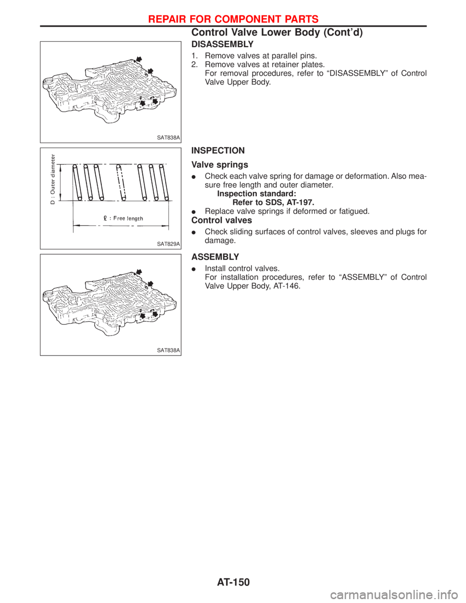 NISSAN TERRANO 2002  Service Repair Manual DISASSEMBLY
1. Remove valves at parallel pins.
2. Remove valves at retainer plates.
For removal procedures, refer to ªDISASSEMBLYº of Control
Valve Upper Body.
INSPECTION
Valve springs
ICheck each v