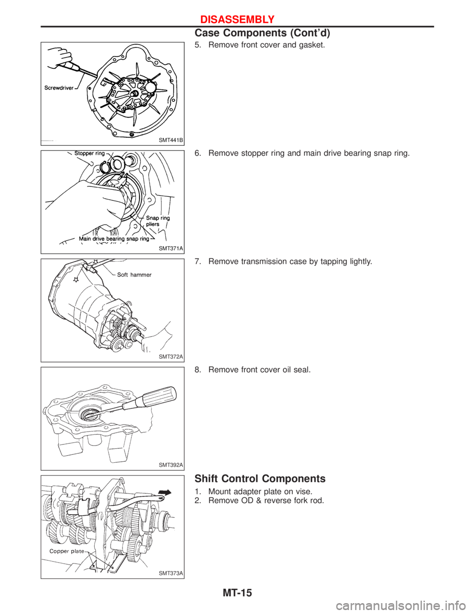 NISSAN TERRANO 2002  Service Repair Manual 5. Remove front cover and gasket.
6. Remove stopper ring and main drive bearing snap ring.
7. Remove transmission case by tapping lightly.
8. Remove front cover oil seal.
Shift Control Components
1. M