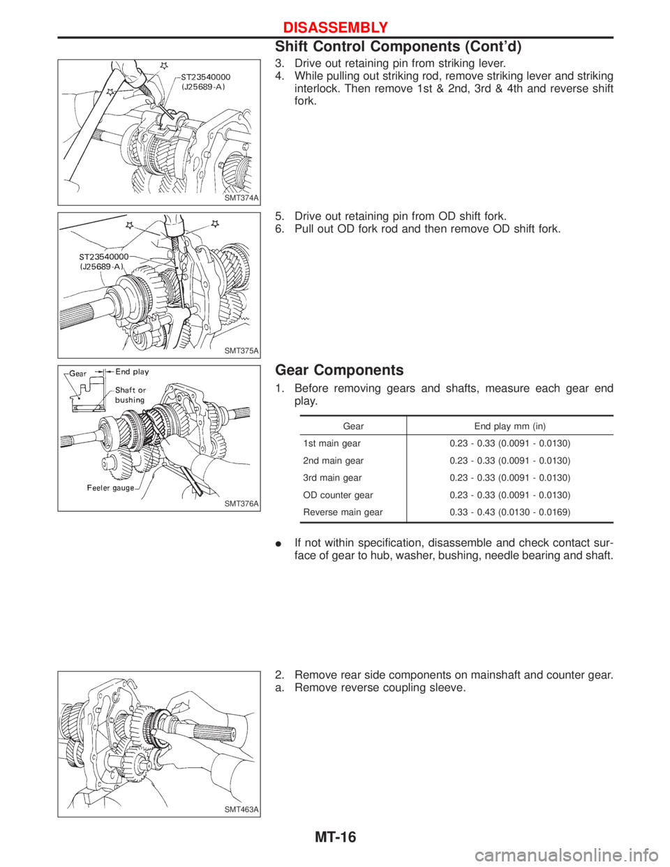 NISSAN TERRANO 2002  Service Repair Manual 3. Drive out retaining pin from striking lever.
4. While pulling out striking rod, remove striking lever and striking
interlock. Then remove 1st & 2nd, 3rd & 4th and reverse shift
fork.
5. Drive out r