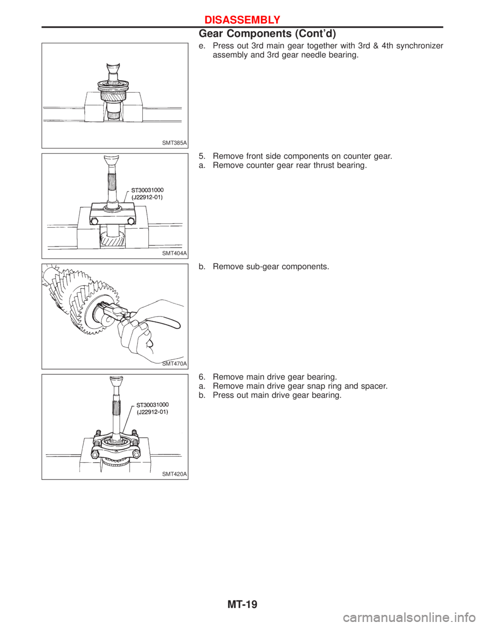 NISSAN TERRANO 2002  Service Repair Manual e. Press out 3rd main gear together with 3rd & 4th synchronizer
assembly and 3rd gear needle bearing.
5. Remove front side components on counter gear.
a. Remove counter gear rear thrust bearing.
b. Re