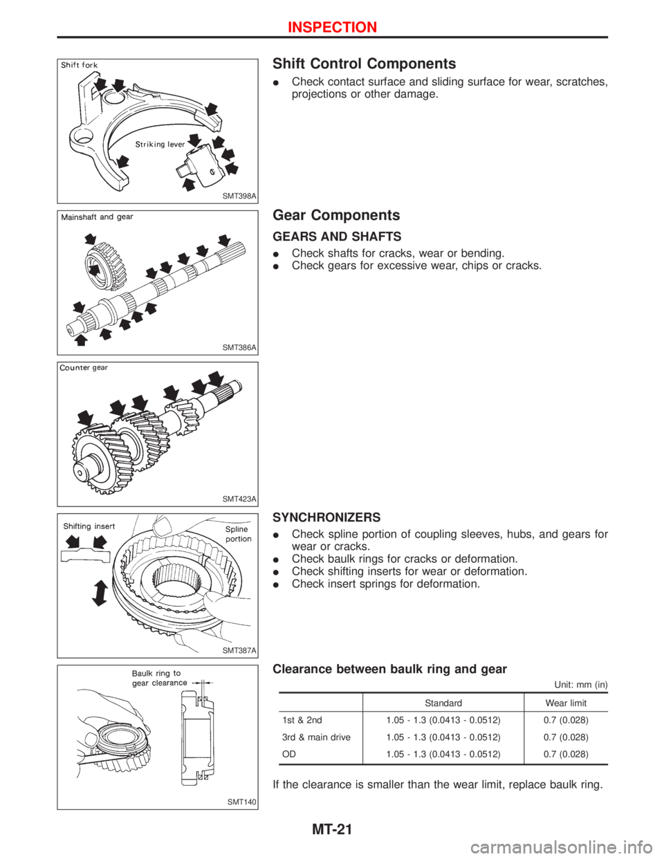 NISSAN TERRANO 2002  Service Repair Manual Shift Control Components
ICheck contact surface and sliding surface for wear, scratches,
projections or other damage.
Gear Components
GEARS AND SHAFTS
ICheck shafts for cracks, wear or bending.
ICheck