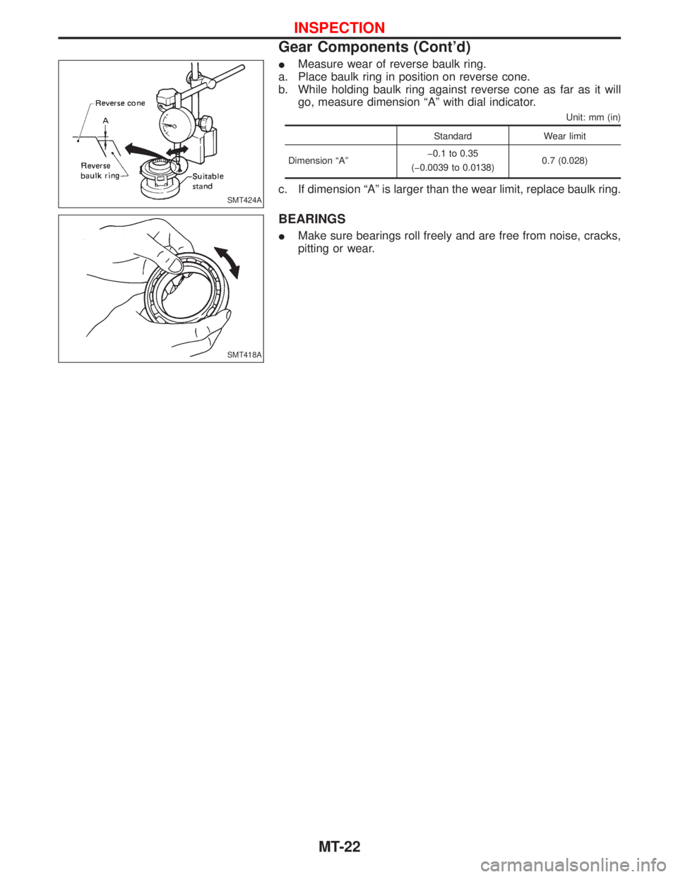 NISSAN TERRANO 2002  Service Repair Manual IMeasure wear of reverse baulk ring.
a. Place baulk ring in position on reverse cone.
b. While holding baulk ring against reverse cone as far as it will
go, measure dimension ªAº with dial indicator