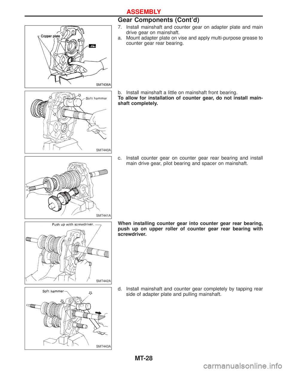 NISSAN TERRANO 2002  Service Repair Manual 7. Install mainshaft and counter gear on adapter plate and main
drive gear on mainshaft.
a. Mount adapter plate on vise and apply multi-purpose grease to
counter gear rear bearing.
b. Install mainshaf