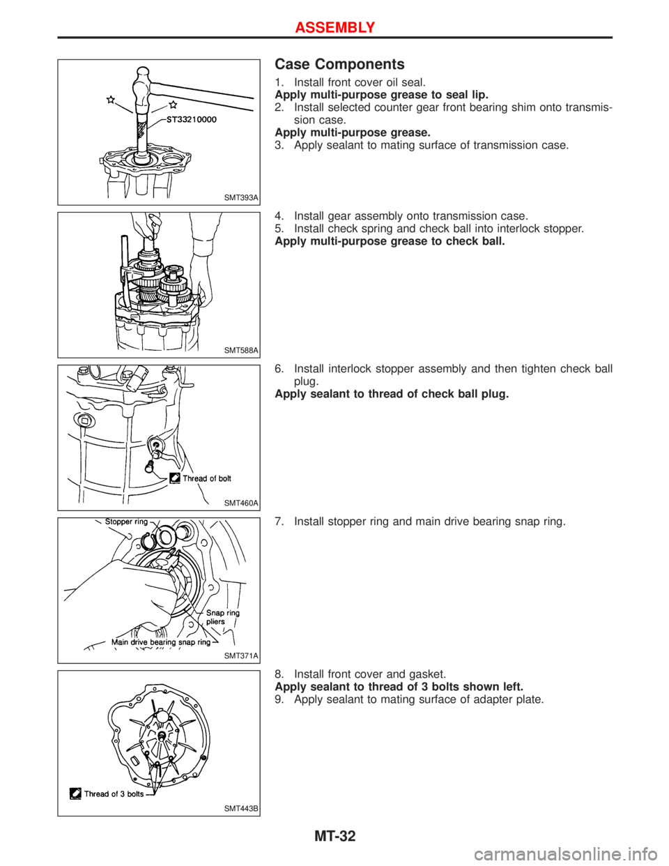 NISSAN TERRANO 2002  Service Repair Manual Case Components
1. Install front cover oil seal.
Apply multi-purpose grease to seal lip.
2. Install selected counter gear front bearing shim onto transmis-
sion case.
Apply multi-purpose grease.
3. Ap