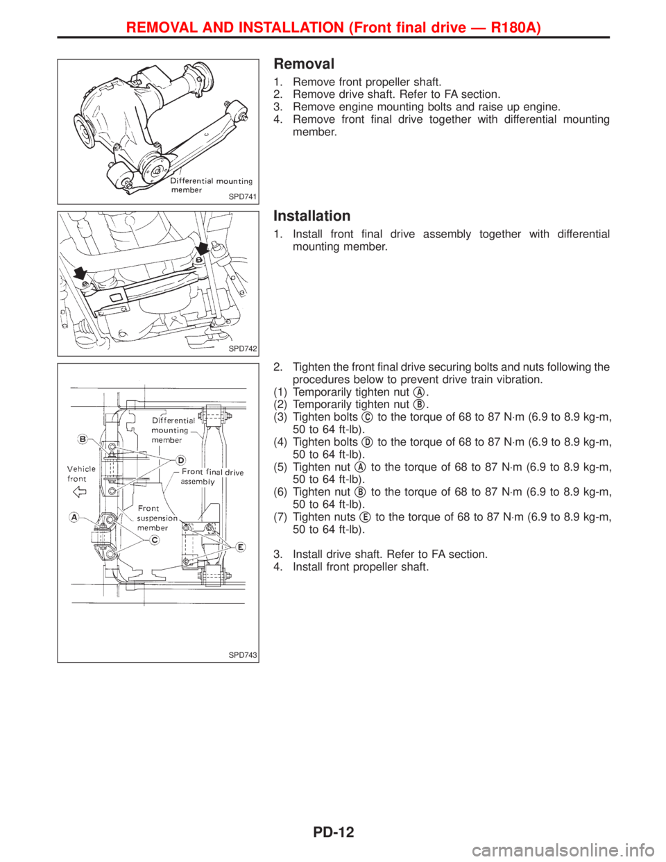 NISSAN TERRANO 2002 Service Repair Manual Removal
1. Remove front propeller shaft.
2. Remove drive shaft. Refer to FA section.
3. Remove engine mounting bolts and raise up engine.
4. Remove front final drive together with differential mountin NISSAN TERRANO 2002 Service Repair Manual Removal
1. Remove front propeller shaft.
2. Remove drive shaft. Refer to FA section.
3. Remove engine mounting bolts and raise up engine.
4. Remove front final drive together with differential mountin