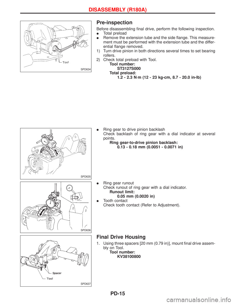 NISSAN TERRANO 2002  Service Repair Manual Pre-inspection
Before disassembling final drive, perform the following inspection.
ITotal preload
IRemove the extension tube and the side flange. This measure-
ment must be performed with the extensio