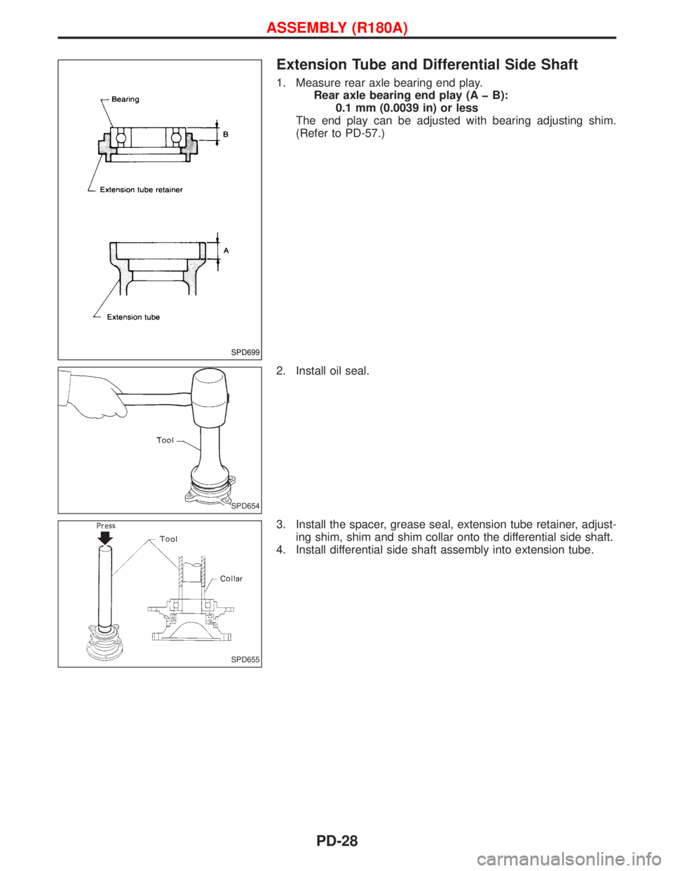 NISSAN TERRANO 2002  Service Repair Manual Extension Tube and Differential Side Shaft
1. Measure rear axle bearing end play.
Rear axle bearing end play (A þ B):
0.1 mm (0.0039 in) or less
The end play can be adjusted with bearing adjusting sh