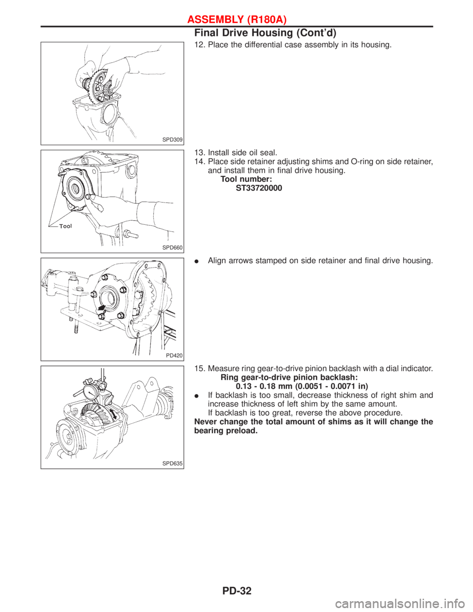 NISSAN TERRANO 2002  Service Repair Manual 12. Place the differential case assembly in its housing.
13. Install side oil seal.
14. Place side retainer adjusting shims and O-ring on side retainer,
and install them in final drive housing.
Tool n
