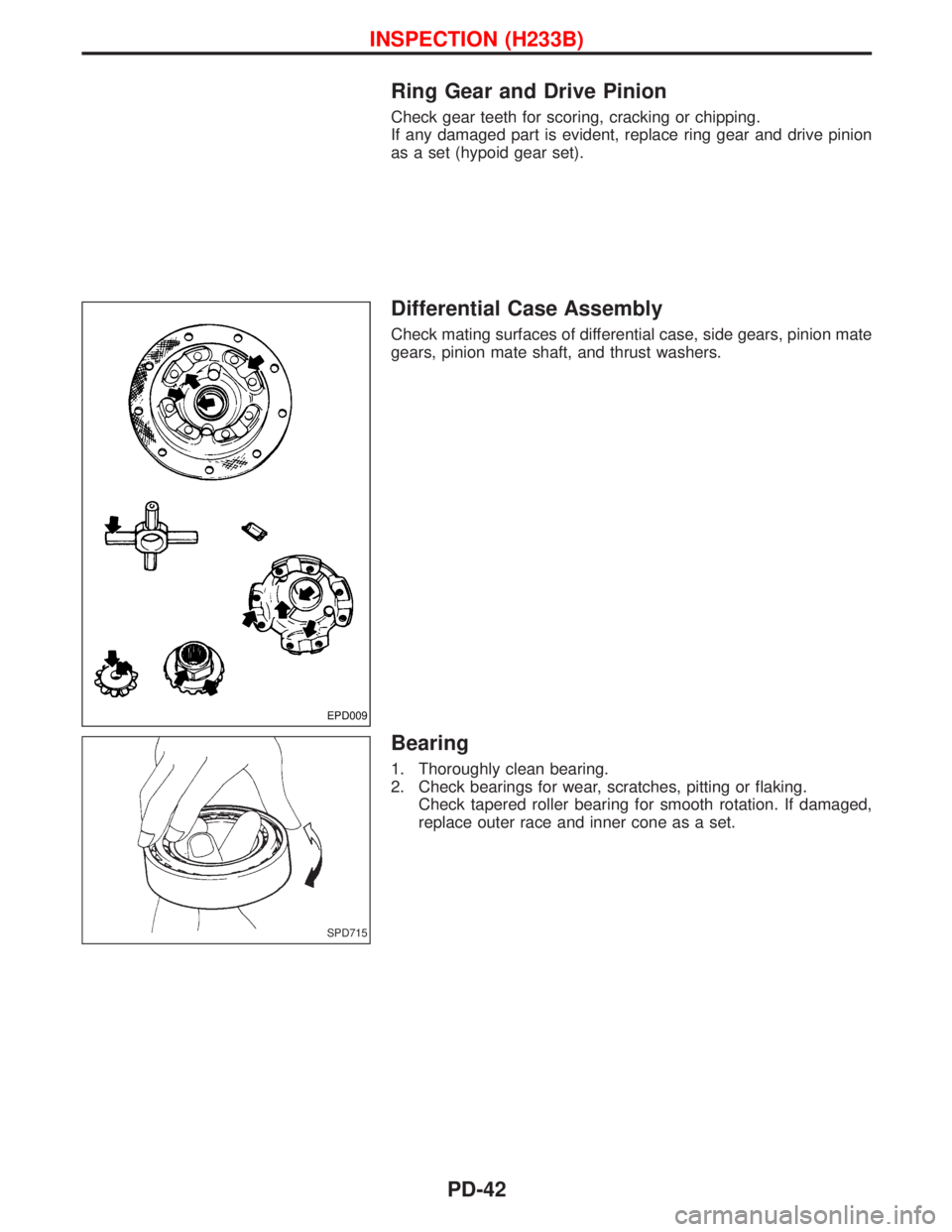 NISSAN TERRANO 2002  Service Repair Manual Ring Gear and Drive Pinion
Check gear teeth for scoring, cracking or chipping.
If any damaged part is evident, replace ring gear and drive pinion
as a set (hypoid gear set).
Differential Case Assembly