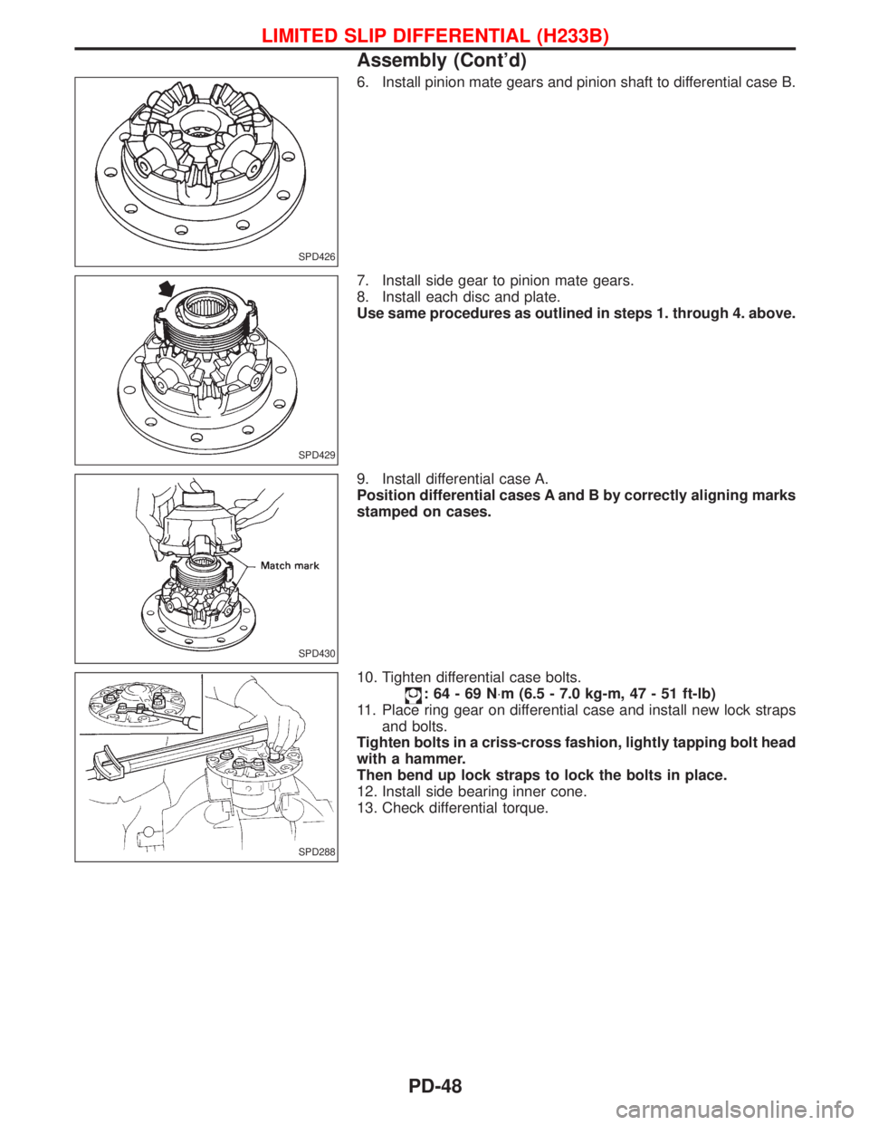 NISSAN TERRANO 2002  Service Repair Manual 6. Install pinion mate gears and pinion shaft to differential case B.
7. Install side gear to pinion mate gears.
8. Install each disc and plate.
Use same procedures as outlined in steps 1. through 4. 