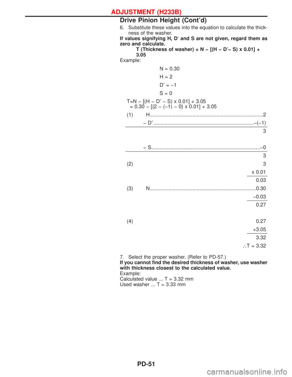 NISSAN TERRANO 2002 Service Repair Manual 6. Substitute these values into the equation to calculate the thick-
ness of the washer.
If values signifying H, D¢and S are not given, regard them as
zero and calculate.
T (Thickness of washer)=Nþ[ NISSAN TERRANO 2002 Service Repair Manual 6. Substitute these values into the equation to calculate the thick-
ness of the washer.
If values signifying H, D¢and S are not given, regard them as
zero and calculate.
T (Thickness of washer)=Nþ[