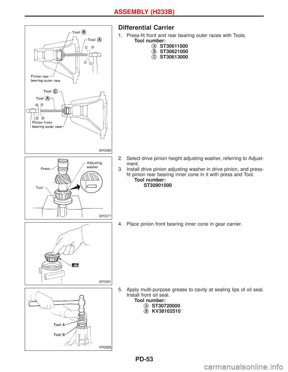 NISSAN TERRANO 2002  Service Repair Manual Differential Carrier
1. Press-fit front and rear bearing outer races with Tools.
Tool number:
q
AST30611000
q
BST30621000
q
CST30613000
2. Select drive pinion height adjusting washer, referring to Adj