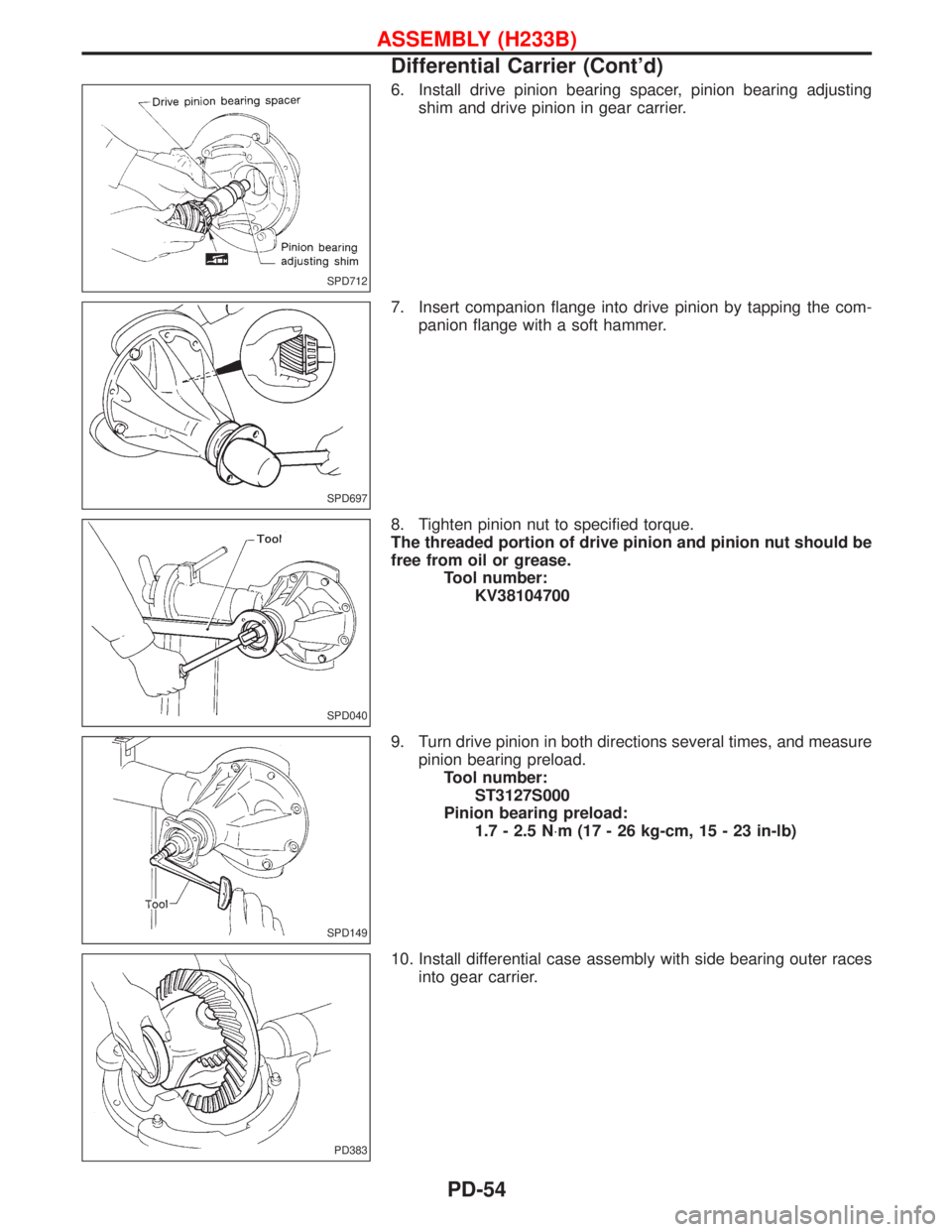 NISSAN TERRANO 2002  Service Repair Manual 6. Install drive pinion bearing spacer, pinion bearing adjusting
shim and drive pinion in gear carrier.
7. Insert companion flange into drive pinion by tapping the com-
panion flange with a soft hamme