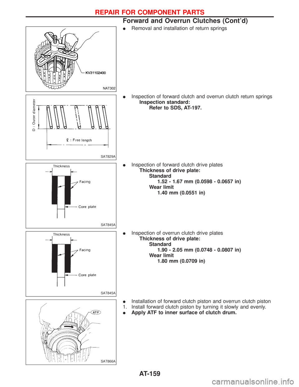 NISSAN TERRANO 2002  Service Repair Manual IRemoval and installation of return springs
IInspection of forward clutch and overrun clutch return springs
Inspection standard:
Refer to SDS, AT-197.
IInspection of forward clutch drive plates
Thickn