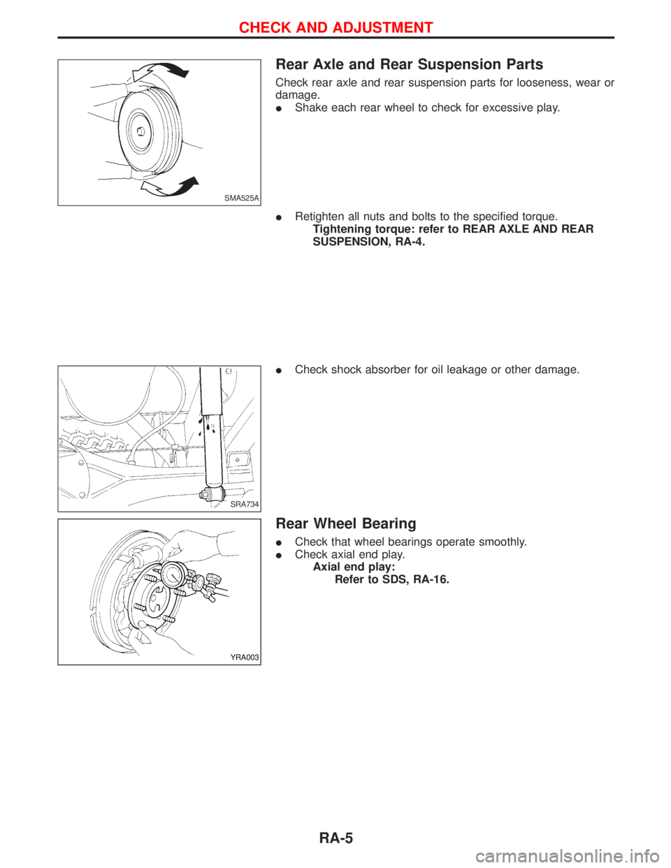 NISSAN TERRANO 2002  Service Repair Manual Rear Axle and Rear Suspension Parts
Check rear axle and rear suspension parts for looseness, wear or
damage.
IShake each rear wheel to check for excessive play.
IRetighten all nuts and bolts to the sp